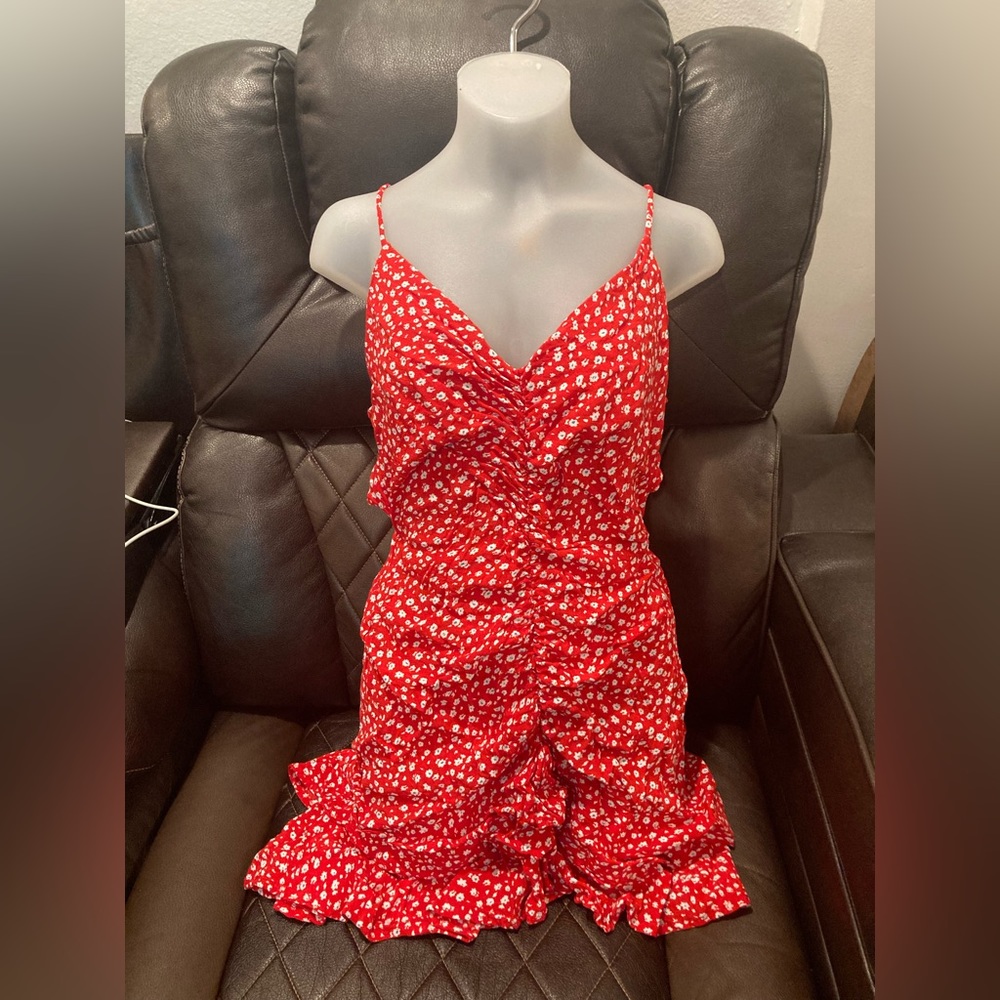 Zara Women's Dress Red Floral Strappy Open Back Size S Summer Spring